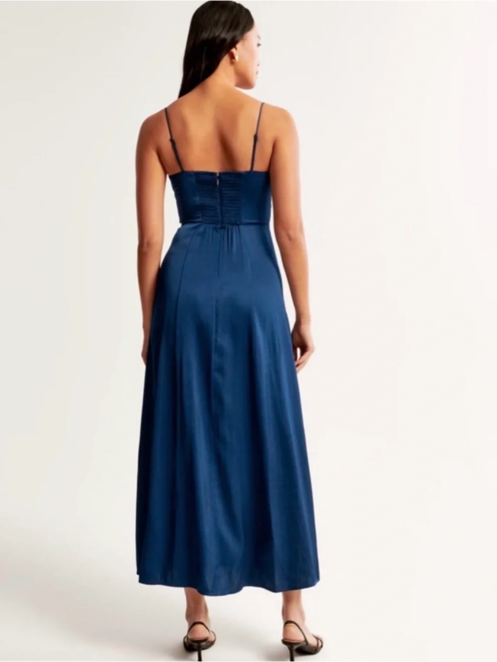 NWT A&F Abercrombie Camille Satin Navy Spaghetti-Strap Maxi Dress with High Slit